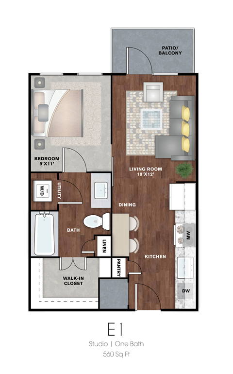 Floor plan for studio, 1 bath, 560 sqft